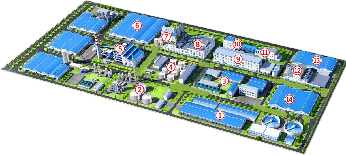 添光钛业金红石型钛白粉厂区平面图，标注十四个工艺区域